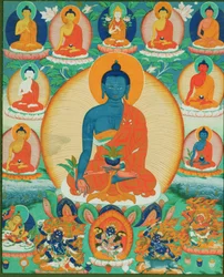 Thangka-Malerei, die den Baishajyaguru, Menla mit sieben anderen Medizin-Buddhas darstellt, 1780-1880